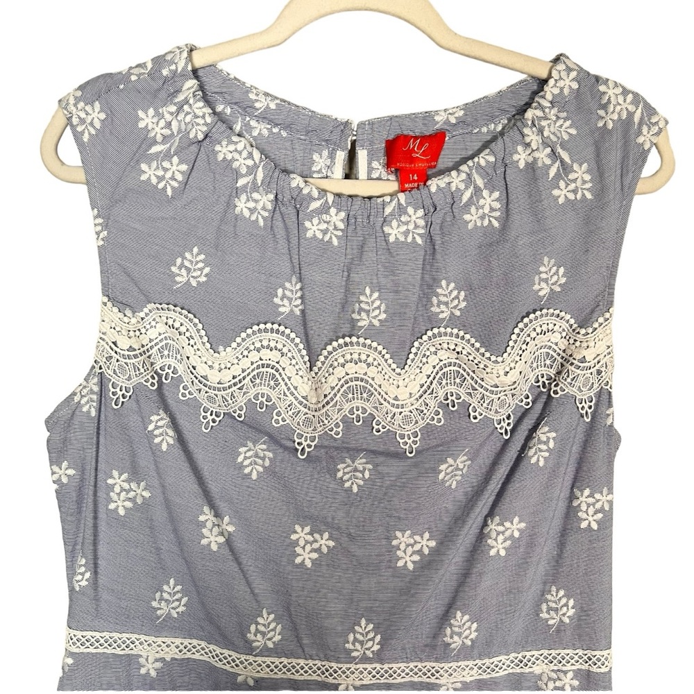 Monique Lhuillier Blue Sleeveless Embroidered Lace Poplin Midi Dress Size 14 - Picture 7 of 16